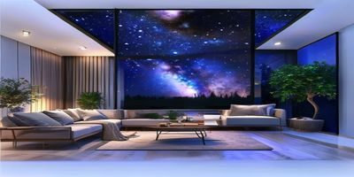 星空影视智能电视应用界面截图，大屏4K画质播放效果展示，客厅观影场景温馨自然